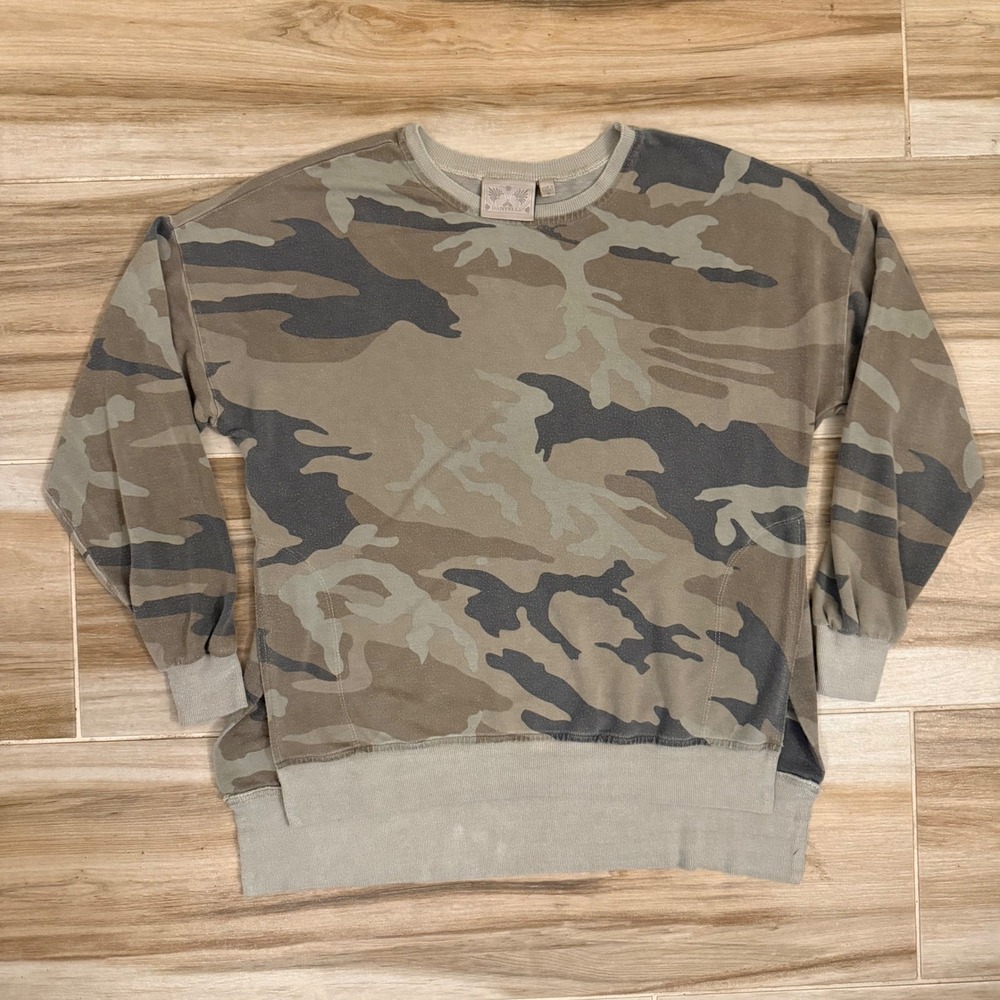 Dantelle Camo Print Sweatshirt Womens Small Green Brown Crew Neck High Low D2183